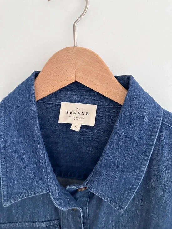 Sezane Gwen Denim Dress Organic Cotton Button Front Midi French Girl Classic 12 - Picture 5 of 11